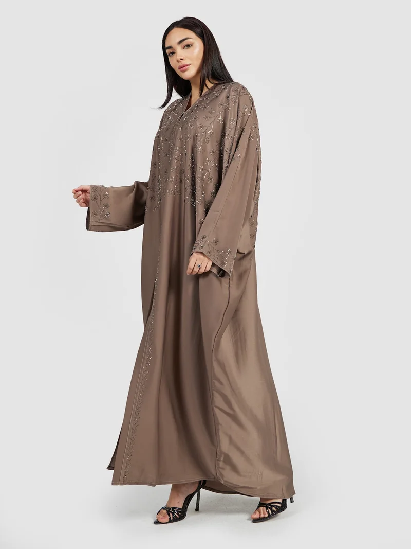 Reem Abayas Women's Taupe Brown Embellished Open Front Abaya - Modest Evening Wear