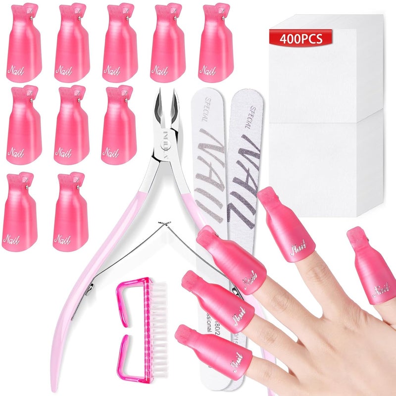 NXJ INFILILA NXJ INFILILA Nail Clips to Remove Gel Polish, Gel Polish Remover Kit with 10Pcs Plastic Resuable Finger and Toe Nail Clips, Cuticle Timmer, 400Pcs Wipes, Files, Brush for Salon Supplies