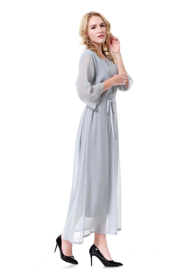 Loquat - Women's Solid Color Round Neck Chiffon Dress Half Sleeve Zipper Robe Grey - Image 1