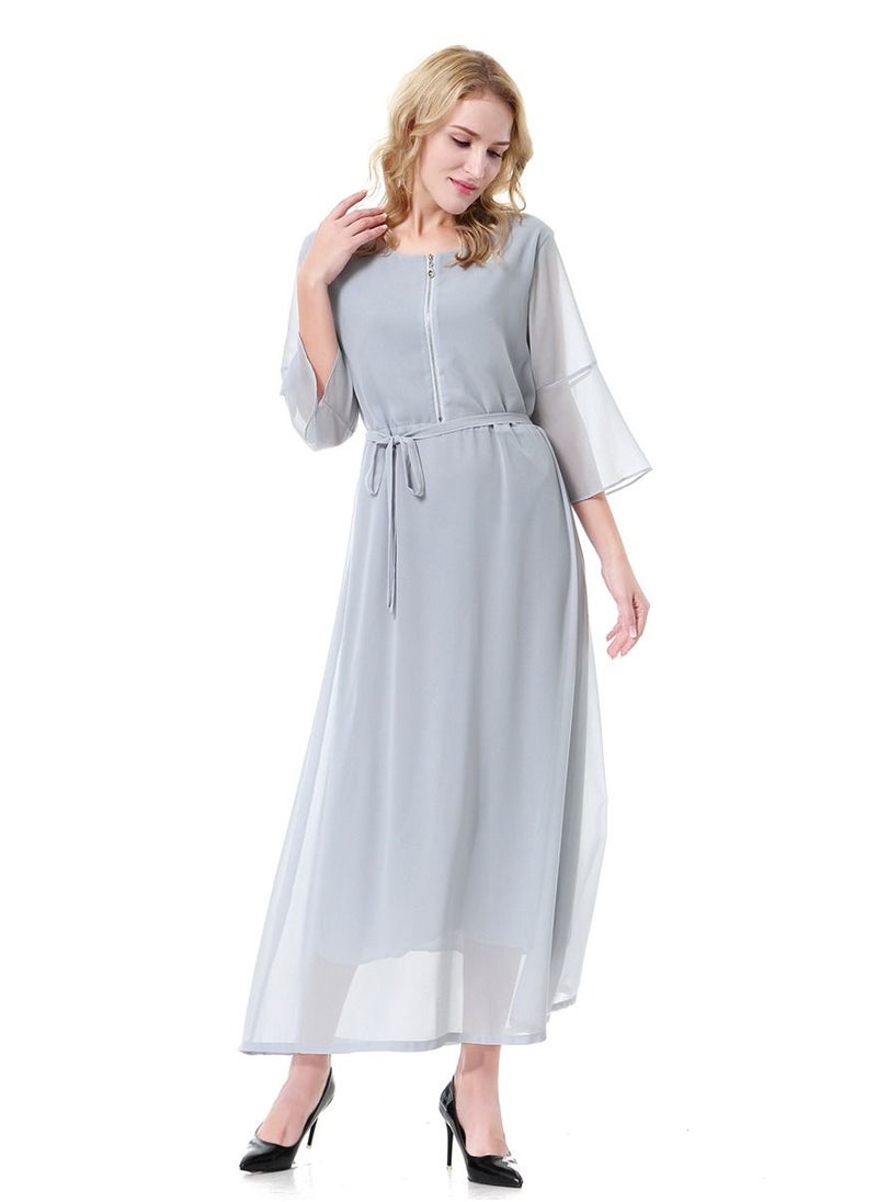 Loquat - Women's Solid Color Round Neck Chiffon Dress Half Sleeve Zipper Robe Grey - Image 1