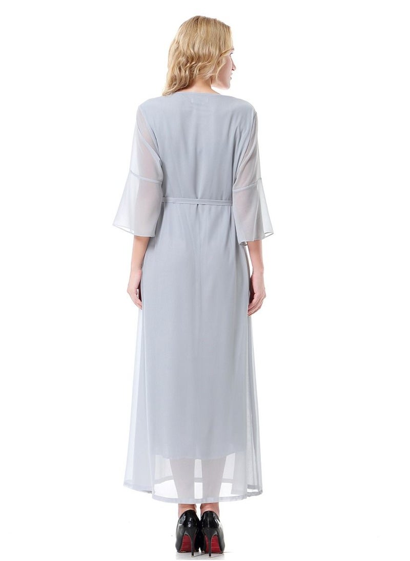 Loquat - Women's Solid Color Round Neck Chiffon Dress Half Sleeve Zipper Robe Grey - Image 1