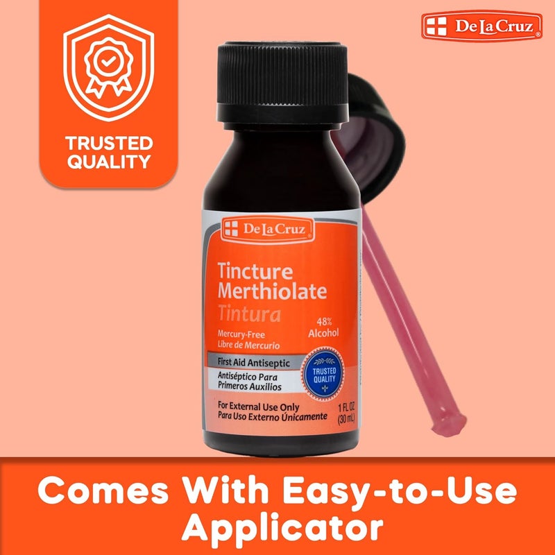 De La Cruz محلول ميرثيولات المطهر للإسعافات الأولية للجروح والخدوش والحروق خالي من الزئبق آمن للعائلة بأكملها 3 زجاجات - Image 2