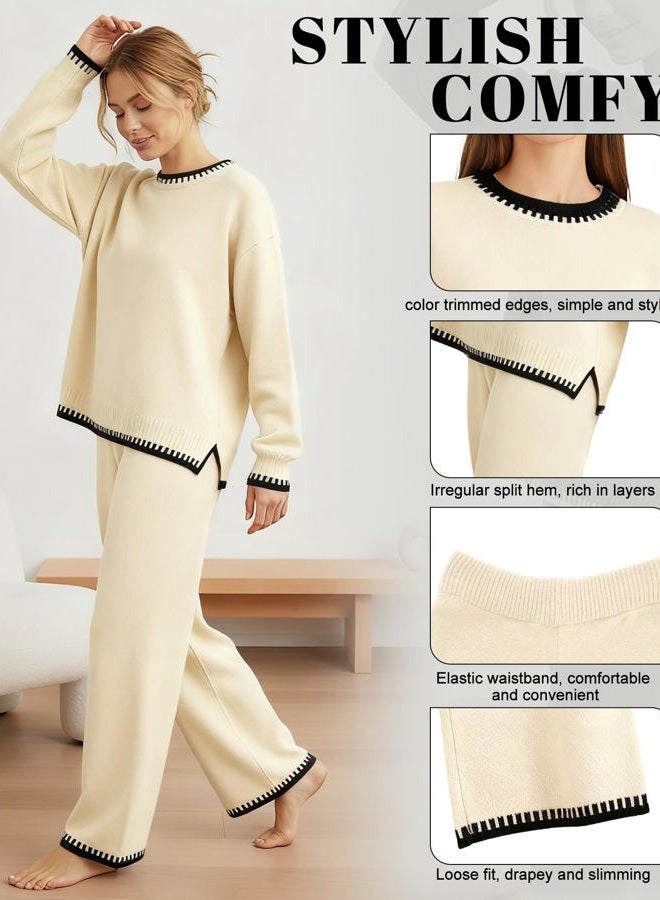 Simlakey Women 2 Piece Sweater Set Causal Lounge Set 2025 Stylish Long Sleeve Outfits Knit Matching Loungewear, Apricot, S - Image 4