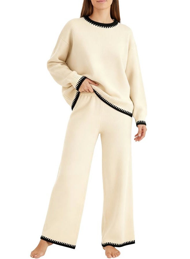 Simlakey Women 2 Piece Sweater Set Causal Lounge Set 2025 Stylish Long Sleeve Outfits Knit Matching Loungewear, Apricot, S - Image 1