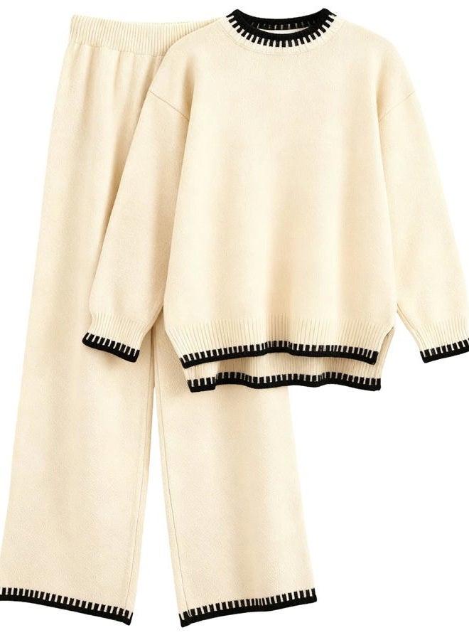Simlakey Women 2 Piece Sweater Set Causal Lounge Set 2025 Stylish Long Sleeve Outfits Knit Matching Loungewear, Apricot, S - Image 2