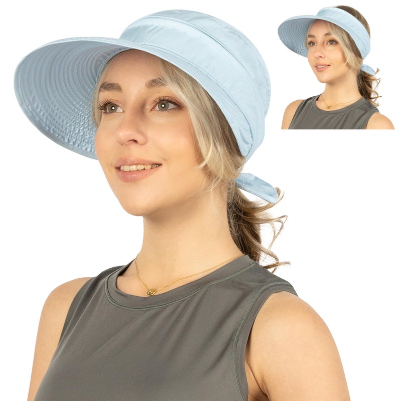 Suncube SUN CUBE Women Sun Hat for Outdoor UV Protection, Wide Brim Sun Hat Ponytail, Convertible Zip-Off Beach Hat Visor for Golf Gardening Pool Travel, Foldable Summer UPF50+ Visor Hat, Light Blue - Image 1