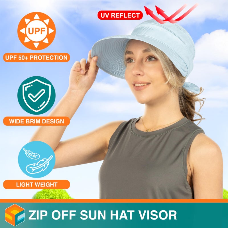 Suncube SUN CUBE Women Sun Hat for Outdoor UV Protection, Wide Brim Sun Hat Ponytail, Convertible Zip-Off Beach Hat Visor for Golf Gardening Pool Travel, Foldable Summer UPF50+ Visor Hat, Light Blue - Image 3