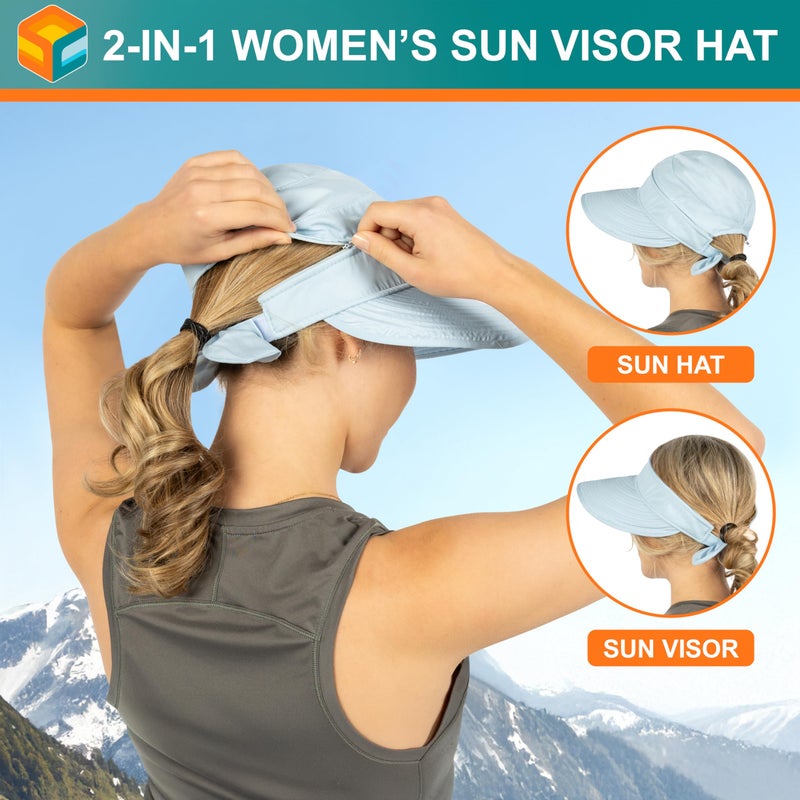 Suncube SUN CUBE Women Sun Hat for Outdoor UV Protection, Wide Brim Sun Hat Ponytail, Convertible Zip-Off Beach Hat Visor for Golf Gardening Pool Travel, Foldable Summer UPF50+ Visor Hat, Light Blue - Image 5