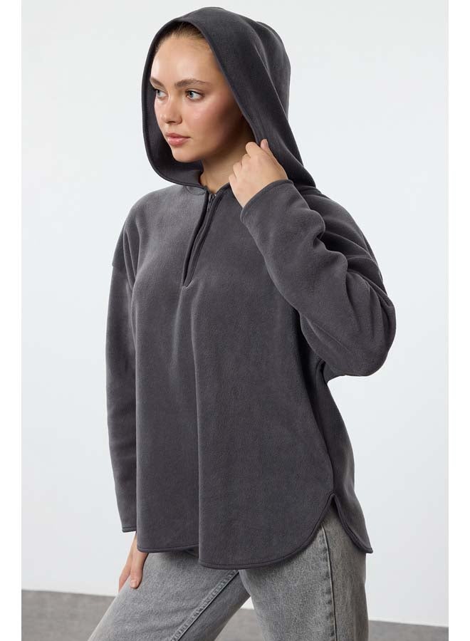 trendyol Anthracite Thick Polar Fleece Hooded and Zippered Oversize/Wide Pattern Knitted Sweatshirt TWOAW22SW2063  - Image 1