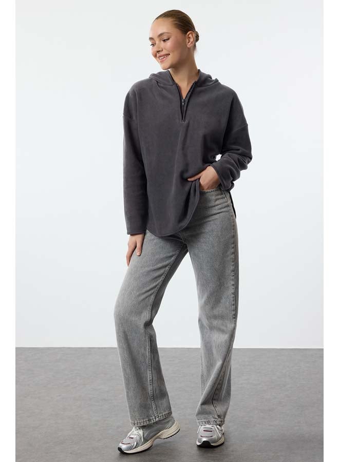 trendyol Anthracite Thick Polar Fleece Hooded and Zippered Oversize/Wide Pattern Knitted Sweatshirt TWOAW22SW2063  - Image 2