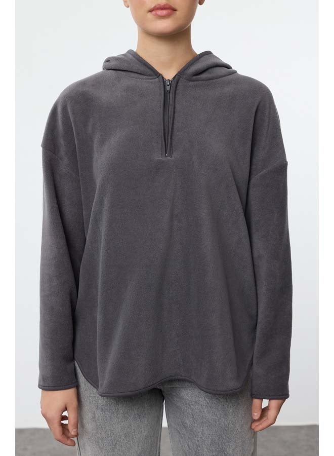 trendyol Anthracite Thick Polar Fleece Hooded and Zippered Oversize/Wide Pattern Knitted Sweatshirt TWOAW22SW2063  - Image 3
