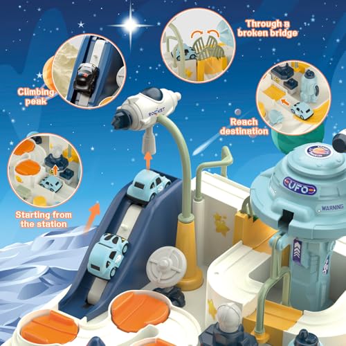 Fistone Kids Race Track Car Adventure Toy for Toddlers Spaceship Puzzle Rail Track City Rescue Playset with 4 Mini Cars Preschool Educational Car Games Toys for Boys Age 3 - Image 5