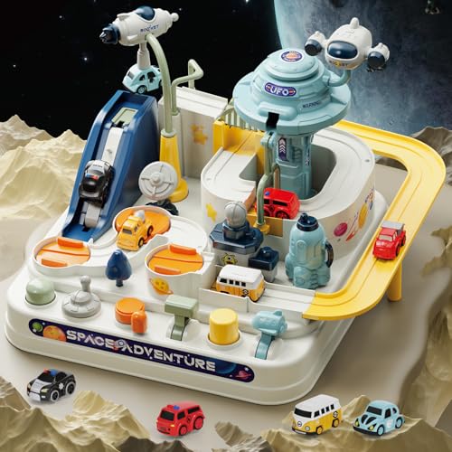 Fistone Kids Race Track Car Adventure Toy for Toddlers Spaceship Puzzle Rail Track City Rescue Playset with 4 Mini Cars Preschool Educational Car Games Toys for Boys Age 3 - Image 1