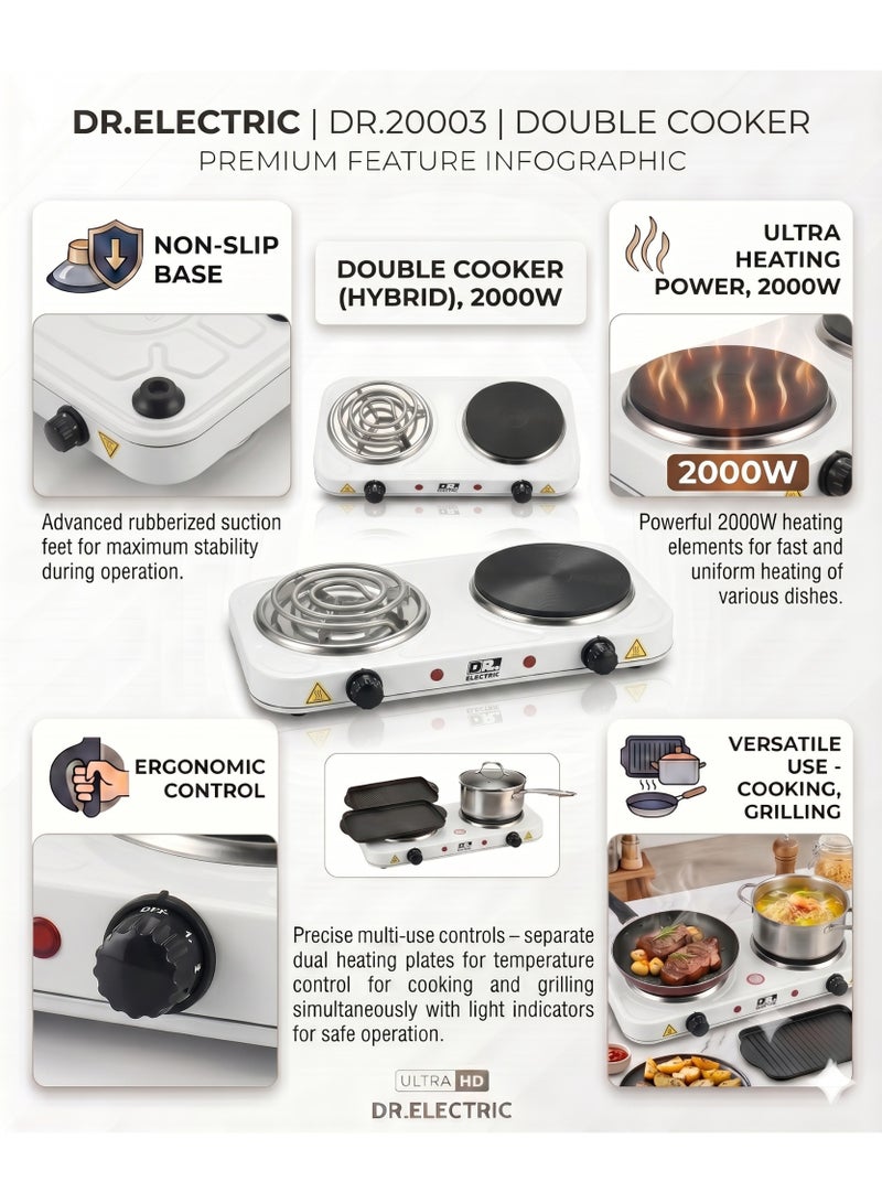 DR.ELECTRIC 2000W Dual Electric Hob, Cast Iron Surface, Cooking Eyes, White, DR.20003 - Image 5