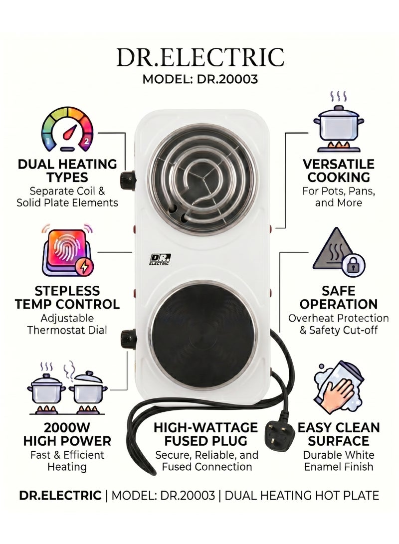 DR.ELECTRIC 2000W Dual Electric Hob, Cast Iron Surface, Cooking Eyes, White, DR.20003 - Image 4
