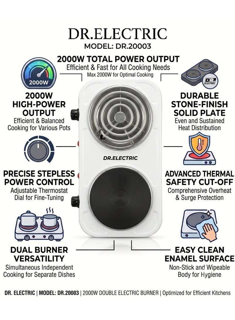 DR.ELECTRIC 2000W Dual Electric Hob, Cast Iron Surface, Cooking Eyes, White, DR.20003 - Image 3