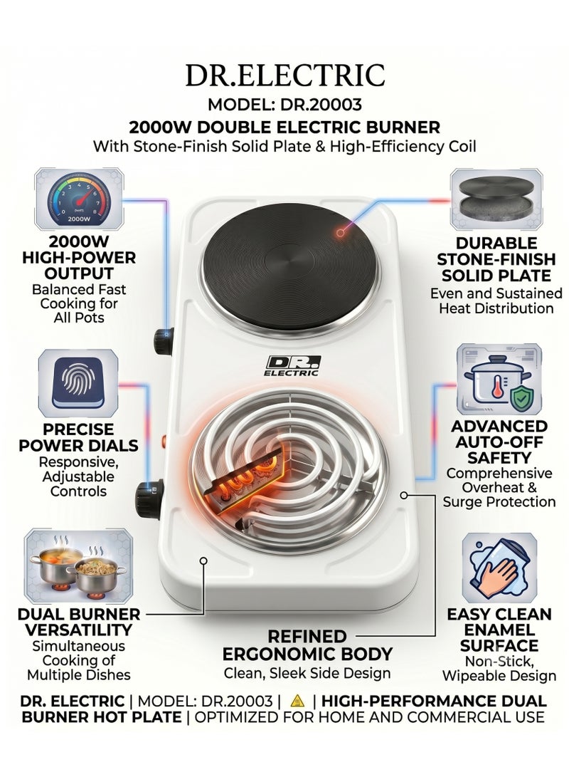DR.ELECTRIC 2000W Dual Electric Hob, Cast Iron Surface, Cooking Eyes, White, DR.20003 - Image 2