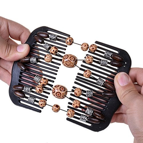 LOVEF Women Magic Hair Combs Wood Beaded Stretch Double Side Combs Clips Bun Maker Hair Accessories Coffee 1