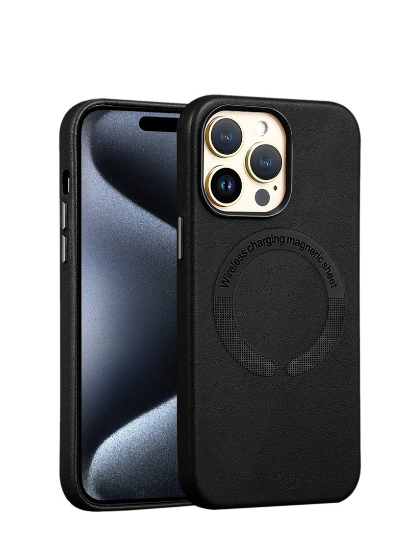 Wtech - Leather Magnetic Wireless Charging Case Original MagSafe Shockproof Case Cover For Apple iPhone 15 Pro Max 2023 Luxury Black - Image 1