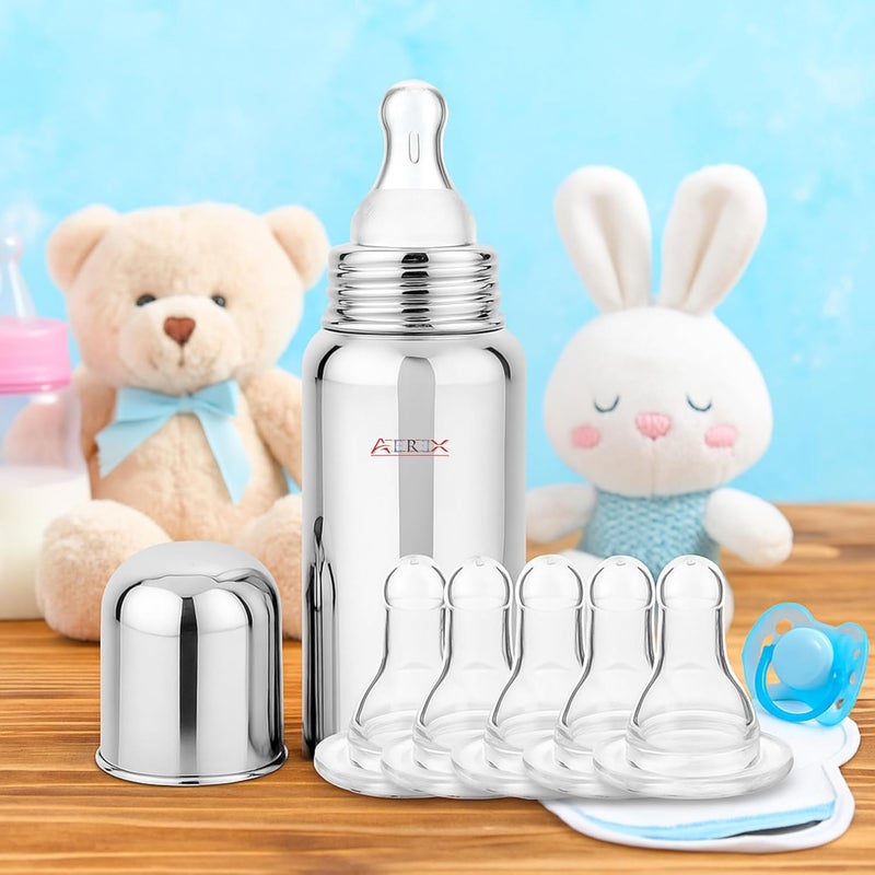 AEREX Stainless Steel Baby Feeding Bottle for Milk with 5 Extra Nipples | Baby Feeding Milk Bottle | Feeding Bottle for Babies, Infants & Toddlers | Milk Drinking Bottle | Ideal for Newborns (240 Ml) - Image 1
