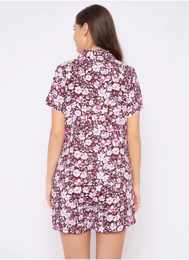 Clovia Floral Print Button Down Shirt and Shorts Pyjama Set by Styli