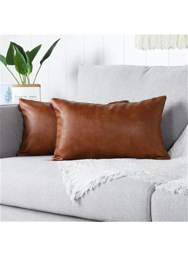 مانديو مجموعة من 2 اغطية وسائد مزخرفة من الجلد الصناعي بتصميم عصري سادة للاستخدام الخارجي للاريكة والسرير مقاس 12 × 20 انش، لون بني - Image 1