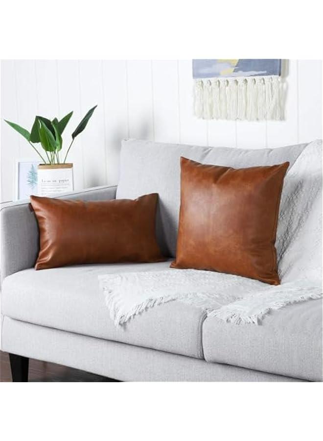مانديو مجموعة من 2 اغطية وسائد مزخرفة من الجلد الصناعي بتصميم عصري سادة للاستخدام الخارجي للاريكة والسرير مقاس 12 × 20 انش، لون بني - Image 2