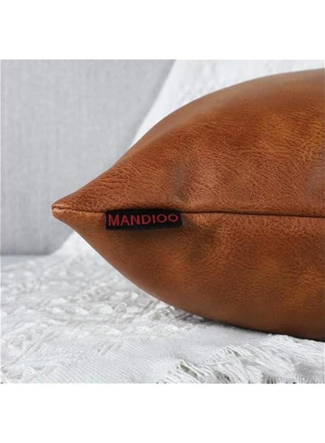 مانديو مجموعة من 2 اغطية وسائد مزخرفة من الجلد الصناعي بتصميم عصري سادة للاستخدام الخارجي للاريكة والسرير مقاس 12 × 20 انش، لون بني - Image 3
