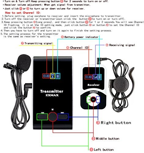 EXMAX EX-100 Wireless Tour Guide System Microphone Earphone Headset for Church Translation Simultaneous Interpreting Teaching Silent Live Conference Travel Interpretation(1 Transmitter 10 Receivers) - Image 2