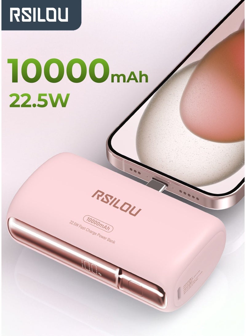 RSILOU R1028 - Mini Capsule Power Bank 10000mAh with Built-in Cable, Magnetic Stand, Fast Charging, and Digital Display – Compatible with iPhone, Samsung, Huawei, Xiaomi – Pink - Image 1