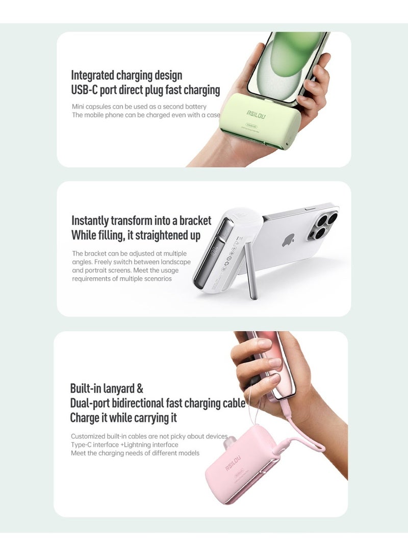 RSILOU R1028 - Mini Capsule Power Bank 10000mAh with Built-in Cable, Magnetic Stand, Fast Charging, and Digital Display – Compatible with iPhone, Samsung, Huawei, Xiaomi – Pink - Image 5