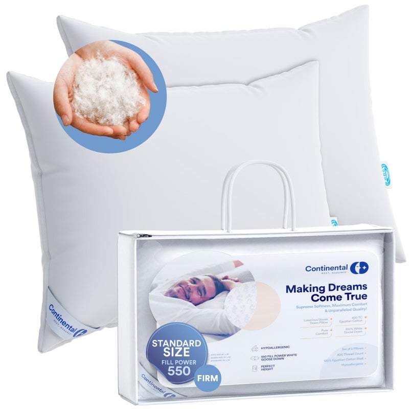 Continental Bedding Continental Bedding  Harmony White Down Pillow  550 Fill Power  400 Thread Count Cotton Cover  Made in USA  Firm Standard Pack of 2 2 