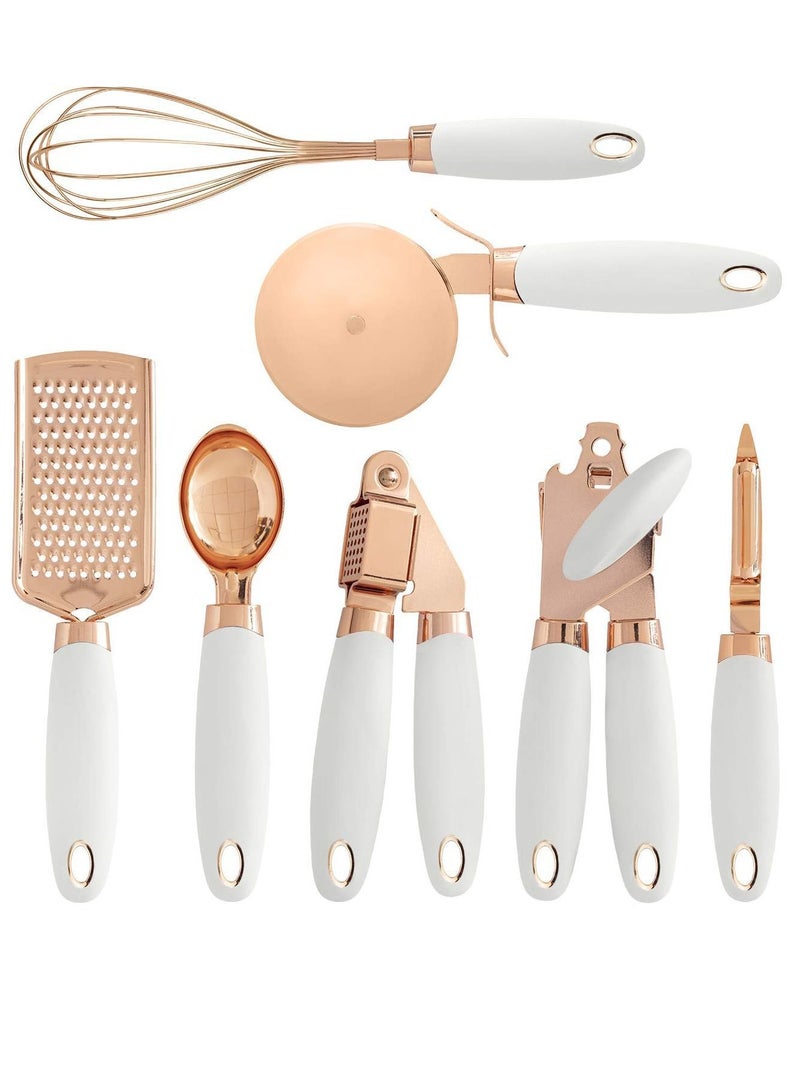 NIBEMINENT 7 PCS Kitchen Gadget Set Copper Coated Stainless Steel Utensils with Soft Touch White Handles, Cooking Tools Including Garlic Press, Whisk, Ice Cream Scoop, Can Opener, Peeler, Scraper, Pizza Knife  - Image 1