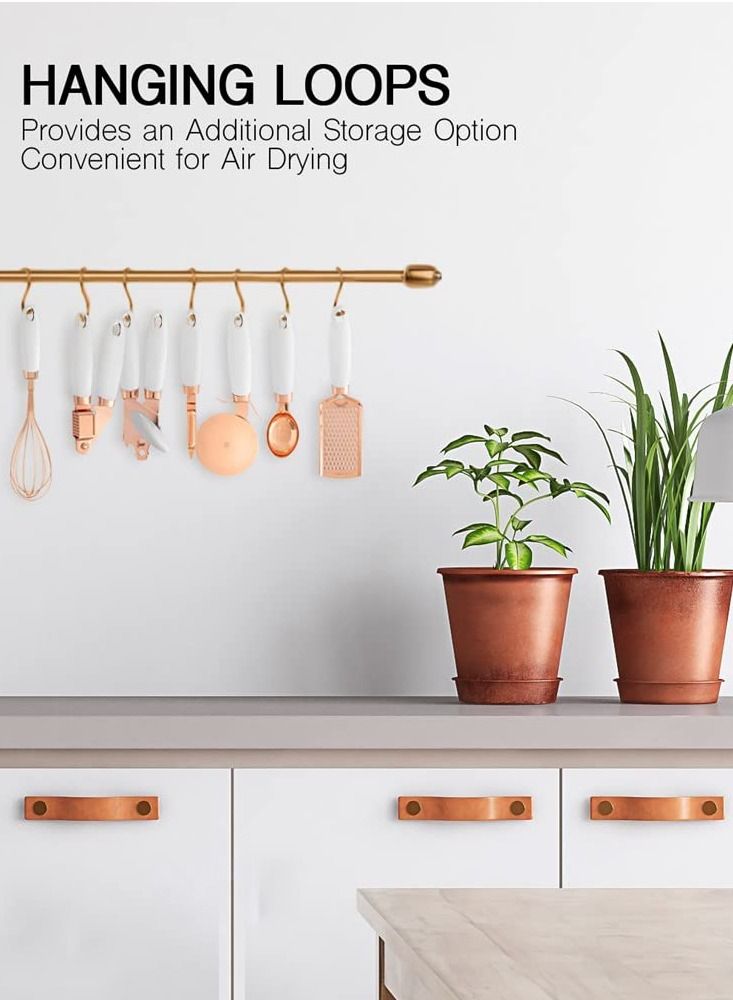 NIBEMINENT 7 PCS Kitchen Gadget Set Copper Coated Stainless Steel Utensils with Soft Touch White Handles, Cooking Tools Including Garlic Press, Whisk, Ice Cream Scoop, Can Opener, Peeler, Scraper, Pizza Knife  - Image 3