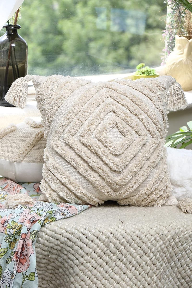 IMPEXART PVT LTD Cotton 16X16Inches Ivory Boho Shaggy Rectangle Geometric Desgin Cushion Cover with Tassel for Decor Couch Sofa Bedroom Living Room Farmhouse Indoor Outdoor - Image 1