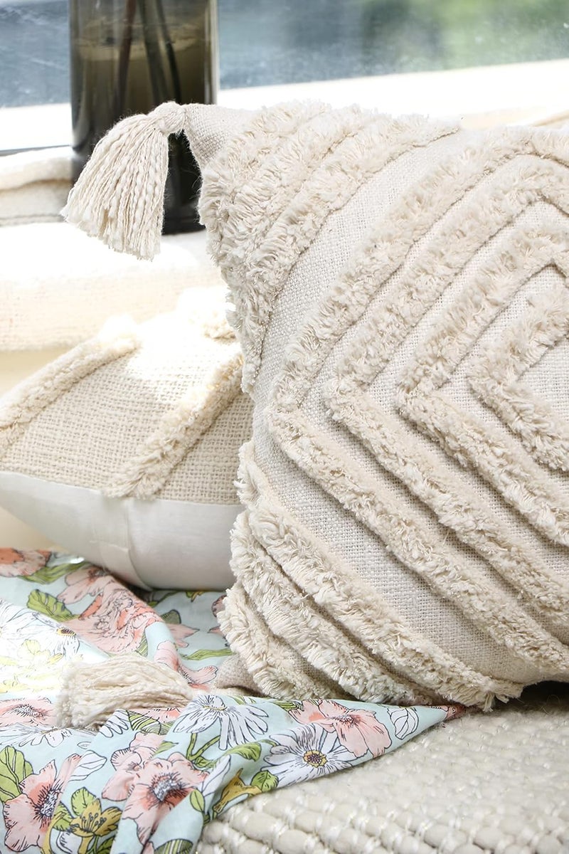 IMPEXART PVT LTD Cotton 16X16Inches Ivory Boho Shaggy Rectangle Geometric Desgin Cushion Cover with Tassel for Decor Couch Sofa Bedroom Living Room Farmhouse Indoor Outdoor - Image 2
