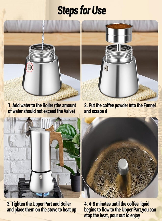 Vaolvpant No Coating 6 Cup Moka Pot Thickened 304 Stainless Steel Stovetop Espresso Coffee Maker 300ml 10.1oz Mocha Percolator Greca Cuban Ideal for Making Rich Authentic Italian Café - Image 5