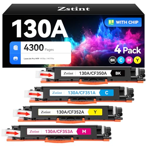 Zstint 130A Toner Cartridge Set (4-Pack Black Cyan Yellow Magenta) High Yield Replacement for HP 130A CF350A CF351A CF352A CF353A Compatible with HP Color LaserJet Pro MFP M176n M177fw Printer Ink M176 M177 - Image 1
