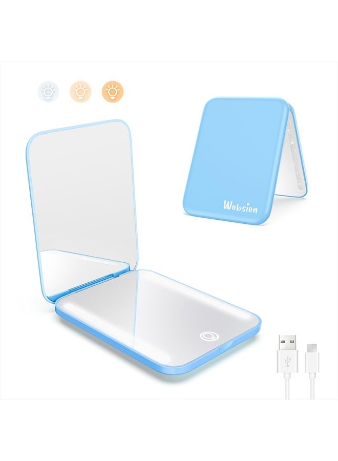 wobsion Rechargeable Travel Mirror,1x/3x Magnification Compact Mirror,3 Color Lights Pocket Mirror,Dimmable Portable Makeup Mirror,400mah,Small Mirror for Purse,Gifts,Blue - Image 1