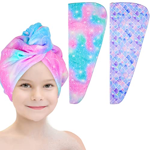 Basumee Microfiber Hair Towel Wrap for Kids 2 Pack Rapid Drying Hair Towel with Button Hair Turbans for Wet Hair Wraps Head Towel Wrap for Women and Girls Light Mermaid