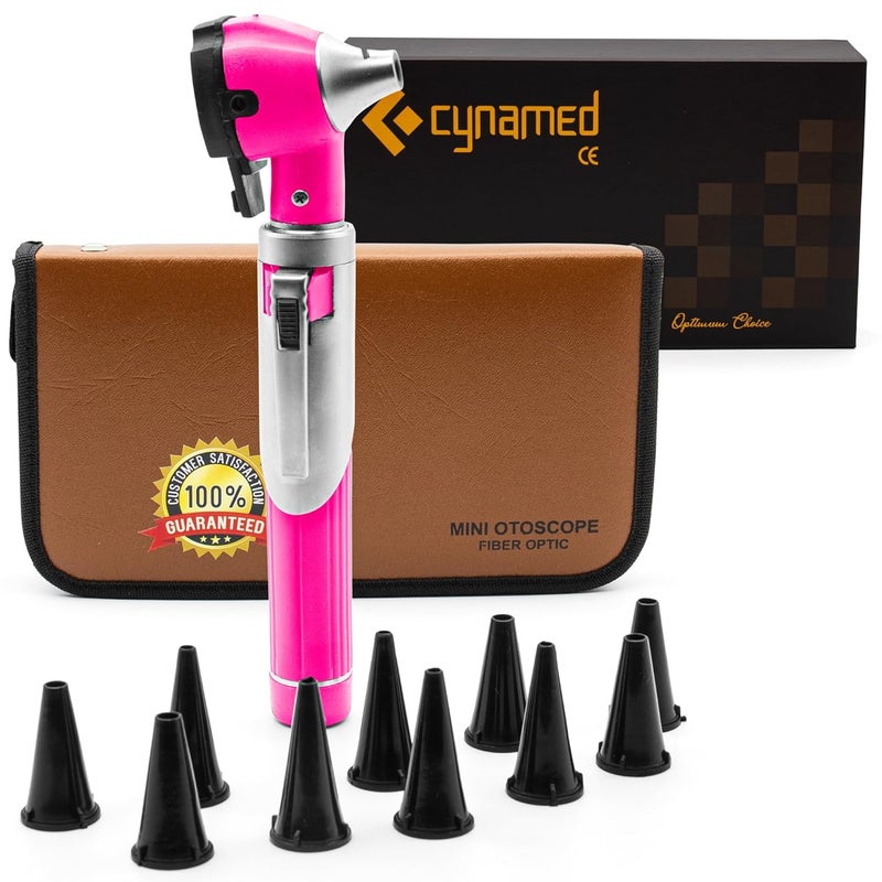CYNAMED Mini Otoscope - Portable Ear Light and Exam Kit for Home and Professional Use - 4X Magnifying Fiber Optic Scope with Spare Tips, Bulb, and Carrying Case (Pink) - Image 1