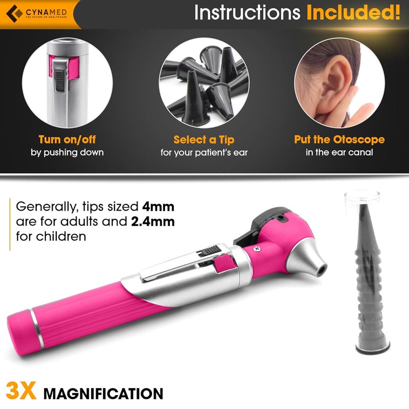 CYNAMED Mini Otoscope - Portable Ear Light and Exam Kit for Home and Professional Use - 4X Magnifying Fiber Optic Scope with Spare Tips, Bulb, and Carrying Case (Pink) - Image 4