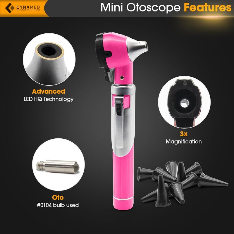 CYNAMED Mini Otoscope - Portable Ear Light and Exam Kit for Home and Professional Use - 4X Magnifying Fiber Optic Scope with Spare Tips, Bulb, and Carrying Case (Pink) - Image 2
