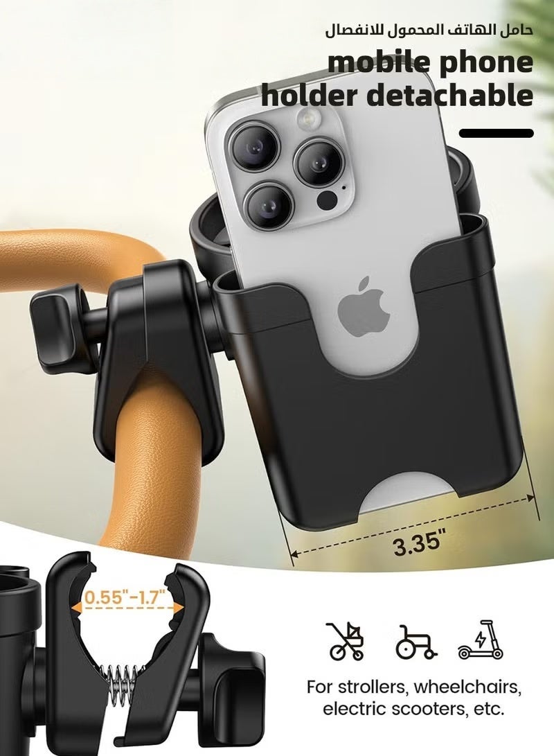 Stroller Cup Holder with Phone Storage Box with 2-Piece Stroller Hooks, Anti-Slip Stroller Accessories, Bike Water Bottle Holder,Universal Cup Holder for Stroller, Bike, Wheelchair, Motorcycle - Image 5