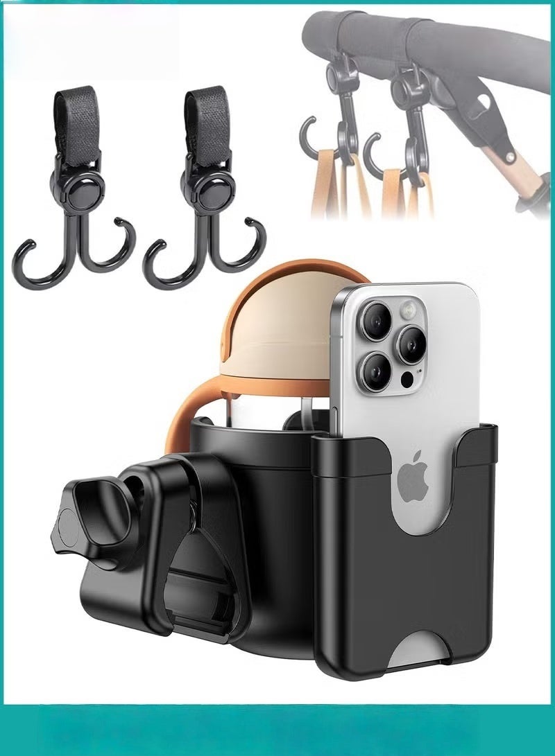 Stroller Cup Holder with Phone Storage Box with 2-Piece Stroller Hooks, Anti-Slip Stroller Accessories, Bike Water Bottle Holder,Universal Cup Holder for Stroller, Bike, Wheelchair, Motorcycle - Image 1