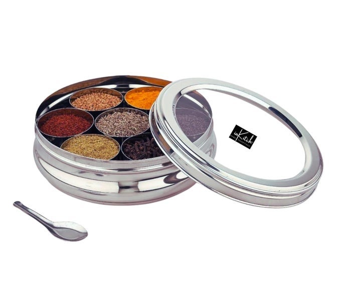 STAINLESS STEEL BELLY SHAPE KITCHEN SPICE BOX MASALA CONTAINER MASALA DANI WITH INDIVIDUAL SEE THROUGH LID WITH 7 CONTAINERS AND SMALL SPOONSMALL