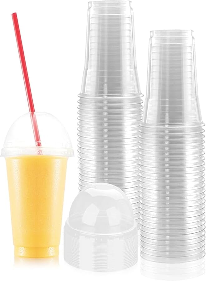 لينرو مجموعة لاينرو المكونة من 50 كوبًا بلاستيكيًا شفافًا بأغطية مقببة، أكواب بلاستيكية للاستخدام مرة واحدة للمشروبات الباردة المثلجة، أكواب العصائر، أكواب القهوة المثلجة، أكواب الميلك شيك للحفلات والمناسبات والمطاعم (12 أونصة)