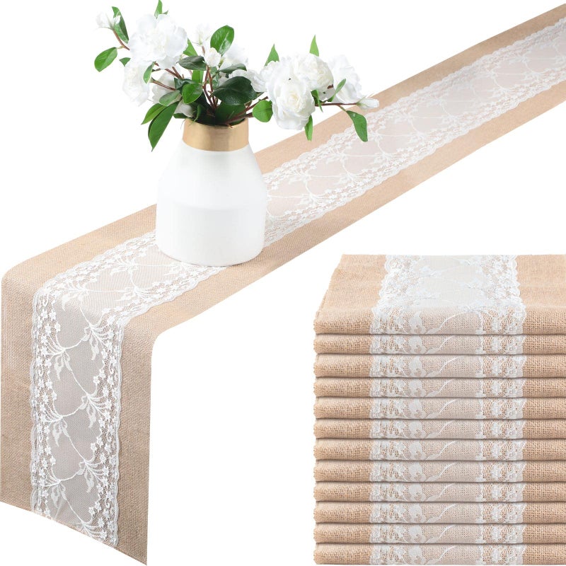 Shimeyao 12 Pcs Burlap Table Runner 118 x 709 Inch White Lace Table Cover Rustic Country Wedding Decor Jute Linen Vintage Table Cloth for Party Farmhouse Home Engagement Holiday Birthday Party Favor