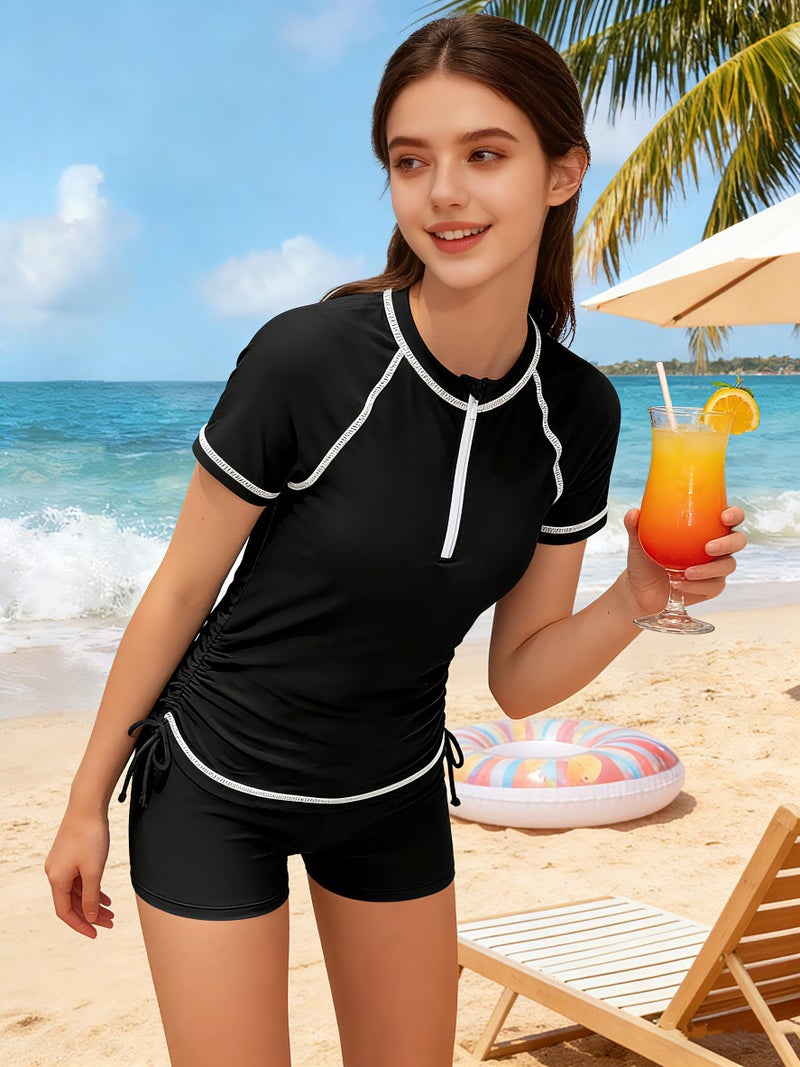TyeSmo Girls Swimsuits Size 10-12 Rash Guard Swimsuit 2 Piece Girls Bathing Suits Size 10-12 Short Sleeve Solid Color Swimsuit for Girl 10 12 UPF 50+ Sun Protection Zip Padded Swimwear with Shorts - Image 4