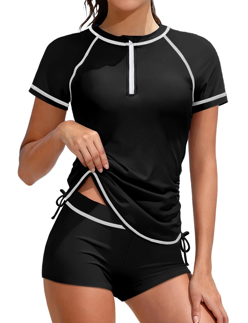 TyeSmo Girls Swimsuits Size 10-12 Rash Guard Swimsuit 2 Piece Girls Bathing Suits Size 10-12 Short Sleeve Solid Color Swimsuit for Girl 10 12 UPF 50+ Sun Protection Zip Padded Swimwear with Shorts - Image 1